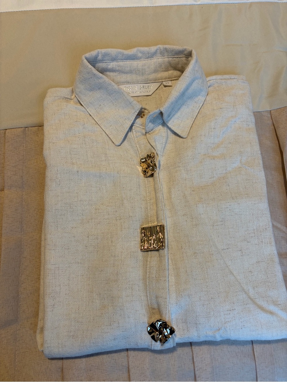 linen blouses with big gold chunky button size small women's